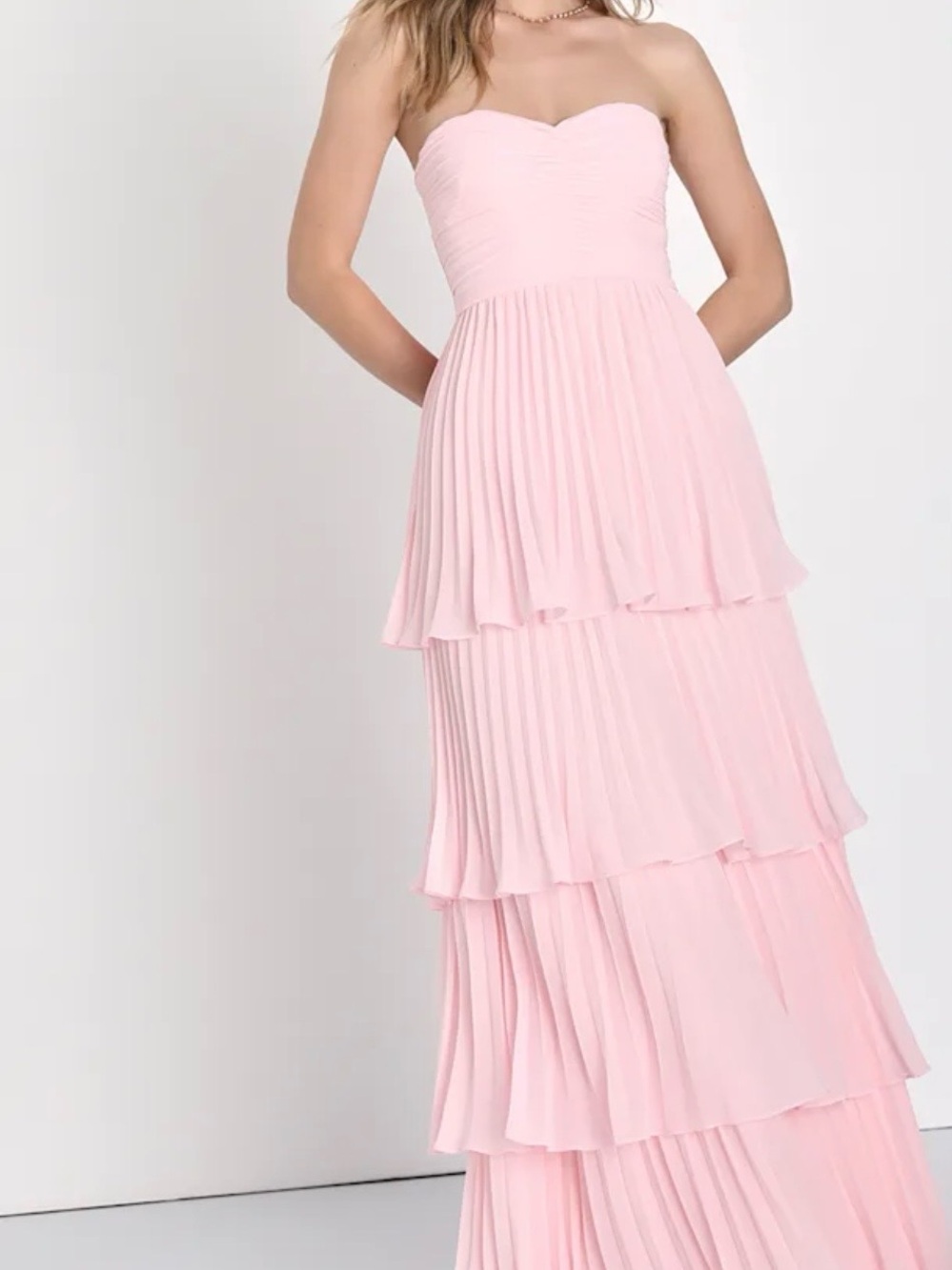 Lulu's Strapless Sweetheart Tiered Pleated Maxi Dress — Light Pink